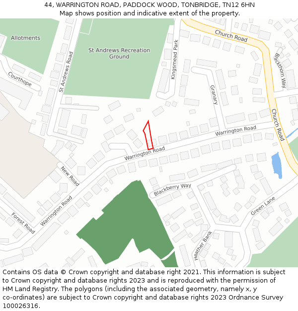 44, WARRINGTON ROAD, PADDOCK WOOD, TONBRIDGE, TN12 6HN: Location map and indicative extent of plot