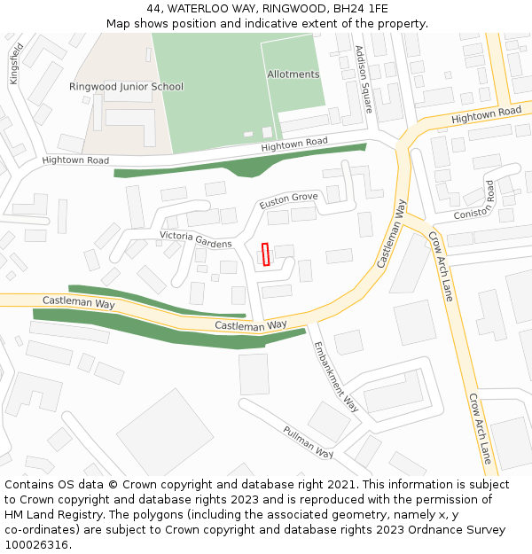 44, WATERLOO WAY, RINGWOOD, BH24 1FE: Location map and indicative extent of plot