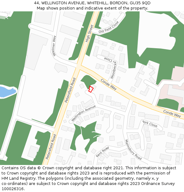 44, WELLINGTON AVENUE, WHITEHILL, BORDON, GU35 9QD: Location map and indicative extent of plot