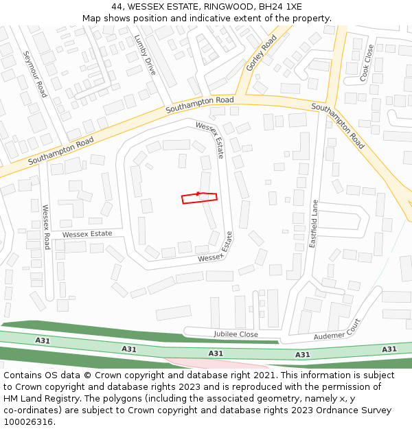44, WESSEX ESTATE, RINGWOOD, BH24 1XE: Location map and indicative extent of plot