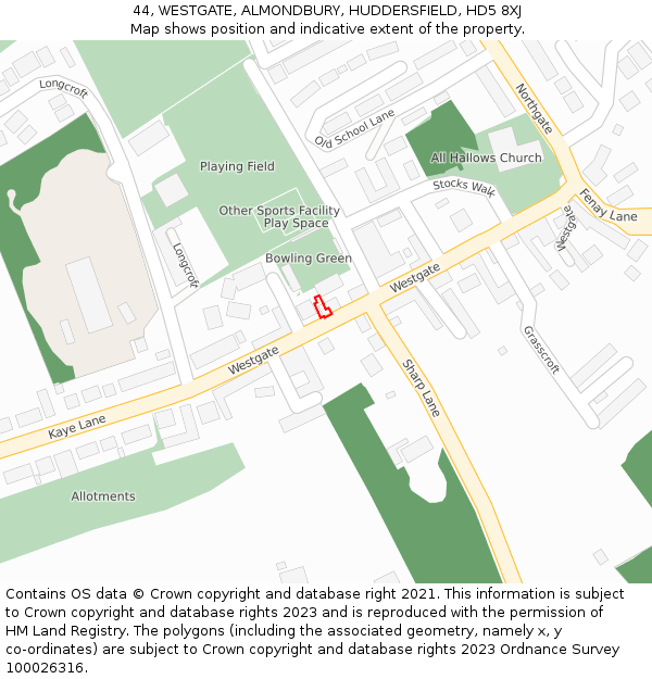 44, WESTGATE, ALMONDBURY, HUDDERSFIELD, HD5 8XJ: Location map and indicative extent of plot