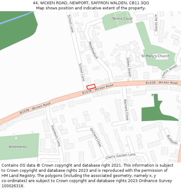 44, WICKEN ROAD, NEWPORT, SAFFRON WALDEN, CB11 3QG: Location map and indicative extent of plot