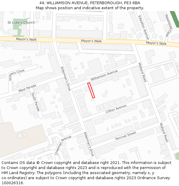 44, WILLIAMSON AVENUE, PETERBOROUGH, PE3 6BA: Location map and indicative extent of plot