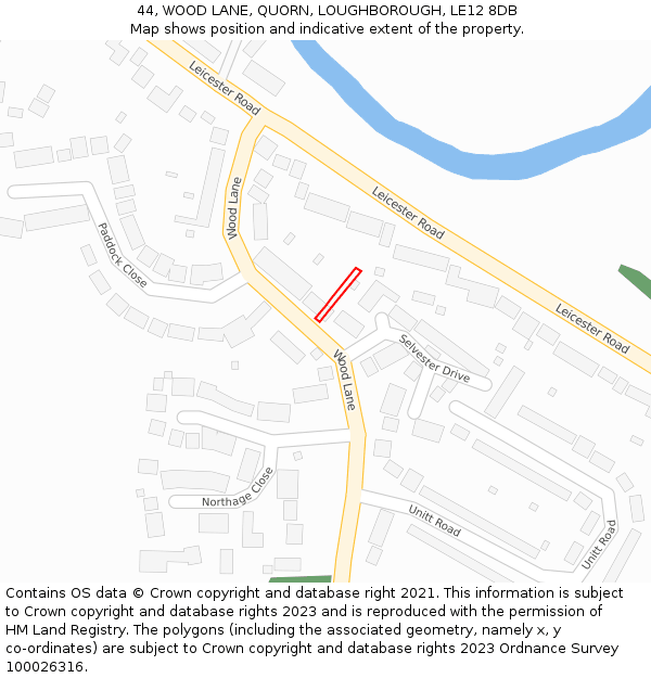 44, WOOD LANE, QUORN, LOUGHBOROUGH, LE12 8DB: Location map and indicative extent of plot