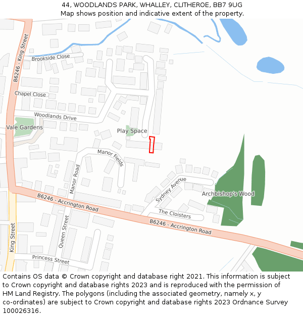 44, WOODLANDS PARK, WHALLEY, CLITHEROE, BB7 9UG: Location map and indicative extent of plot