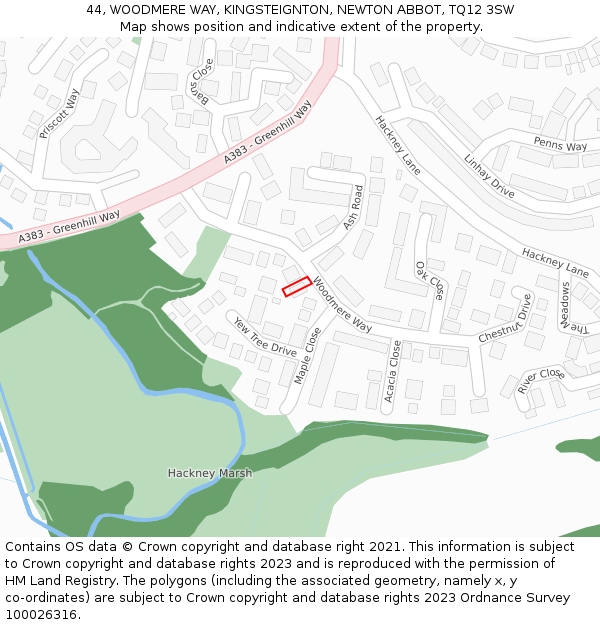 44, WOODMERE WAY, KINGSTEIGNTON, NEWTON ABBOT, TQ12 3SW: Location map and indicative extent of plot