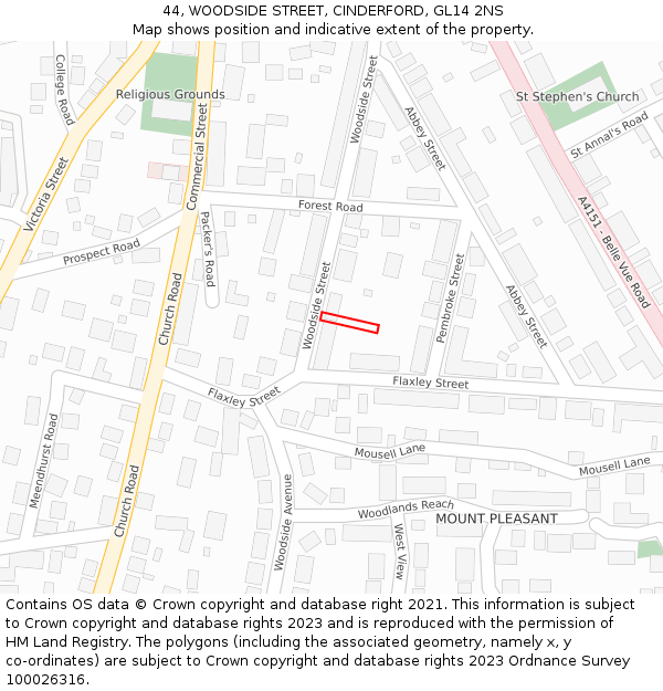 44, WOODSIDE STREET, CINDERFORD, GL14 2NS: Location map and indicative extent of plot