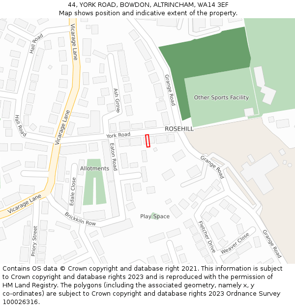 44, YORK ROAD, BOWDON, ALTRINCHAM, WA14 3EF: Location map and indicative extent of plot