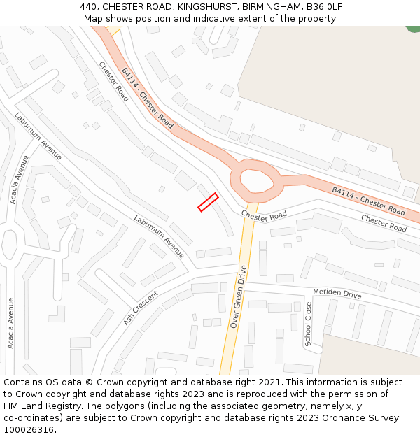 440, CHESTER ROAD, KINGSHURST, BIRMINGHAM, B36 0LF: Location map and indicative extent of plot