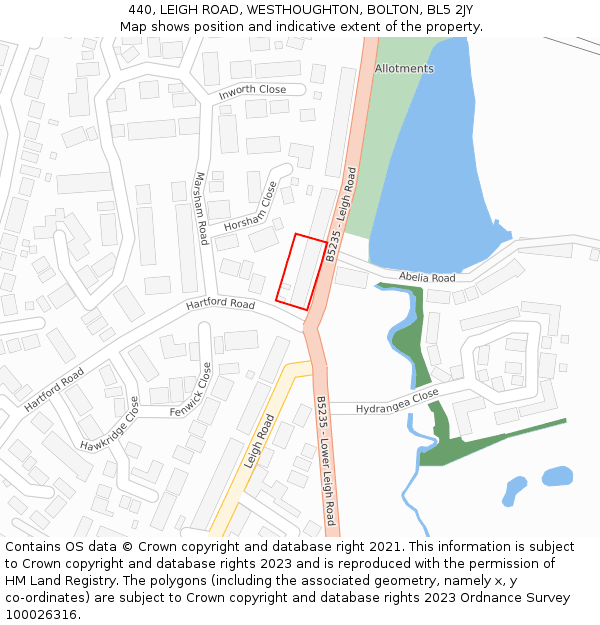 440, LEIGH ROAD, WESTHOUGHTON, BOLTON, BL5 2JY: Location map and indicative extent of plot
