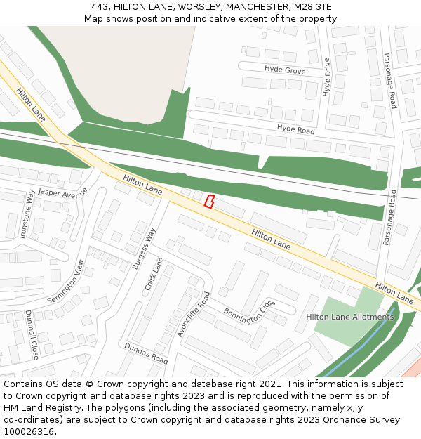 443, HILTON LANE, WORSLEY, MANCHESTER, M28 3TE: Location map and indicative extent of plot
