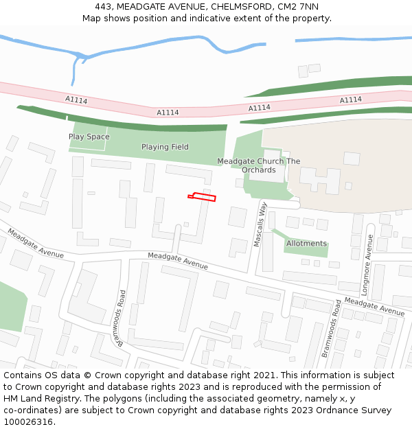 443, MEADGATE AVENUE, CHELMSFORD, CM2 7NN: Location map and indicative extent of plot