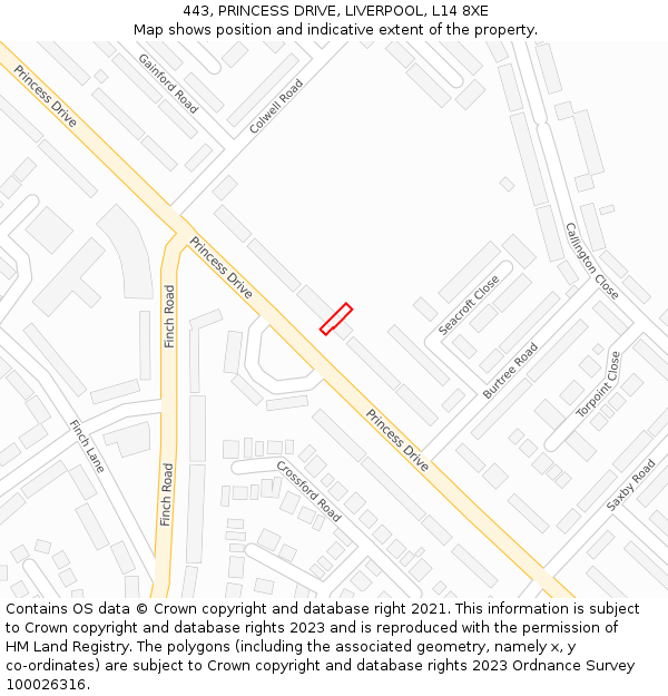 443, PRINCESS DRIVE, LIVERPOOL, L14 8XE: Location map and indicative extent of plot