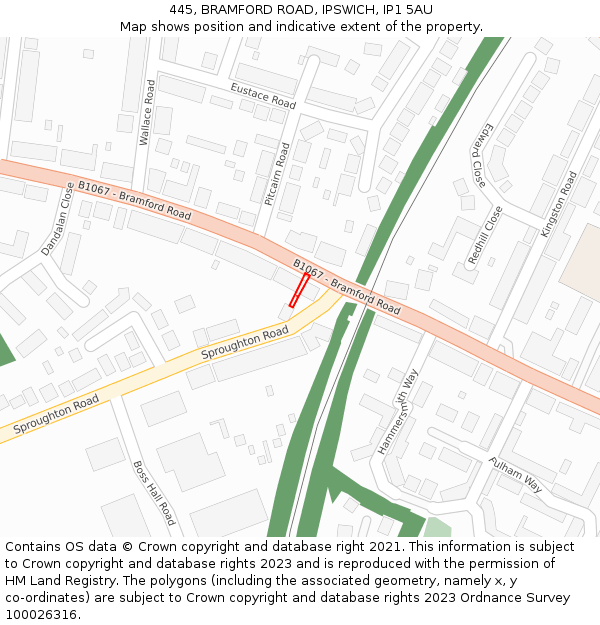 445, BRAMFORD ROAD, IPSWICH, IP1 5AU: Location map and indicative extent of plot