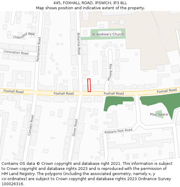 445, FOXHALL ROAD, IPSWICH, IP3 8LL: Location map and indicative extent of plot