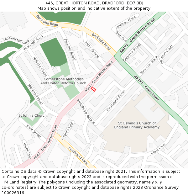 445, GREAT HORTON ROAD, BRADFORD, BD7 3DJ: Location map and indicative extent of plot