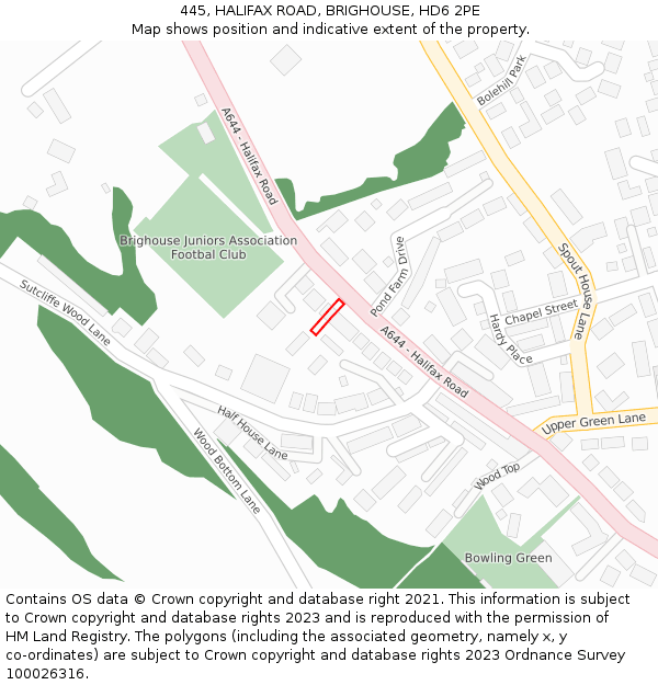 445, HALIFAX ROAD, BRIGHOUSE, HD6 2PE: Location map and indicative extent of plot