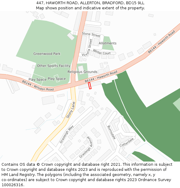 447, HAWORTH ROAD, ALLERTON, BRADFORD, BD15 9LL: Location map and indicative extent of plot
