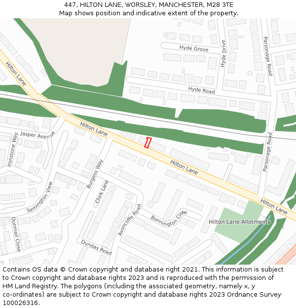 447, HILTON LANE, WORSLEY, MANCHESTER, M28 3TE: Location map and indicative extent of plot