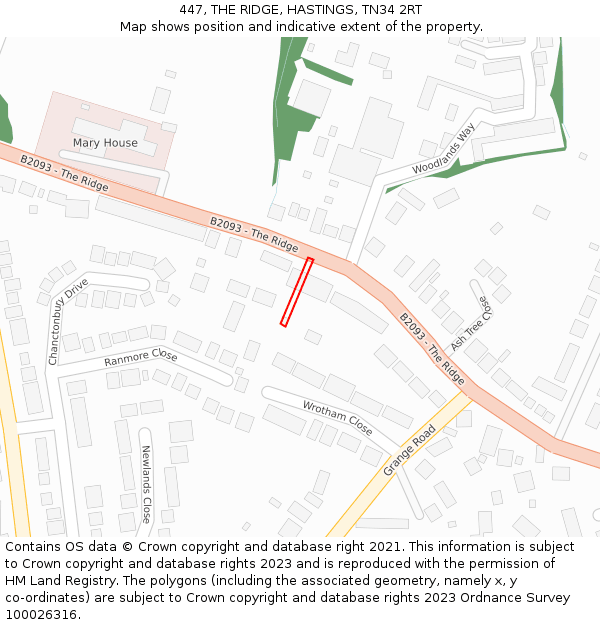 447, THE RIDGE, HASTINGS, TN34 2RT: Location map and indicative extent of plot