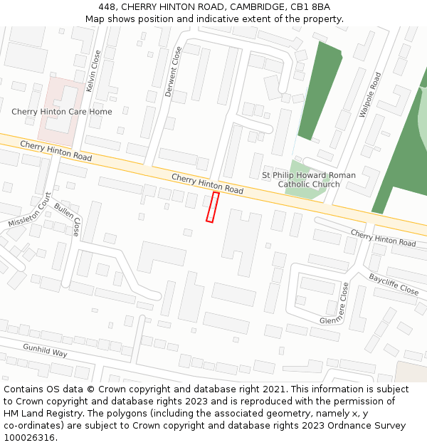 448, CHERRY HINTON ROAD, CAMBRIDGE, CB1 8BA: Location map and indicative extent of plot