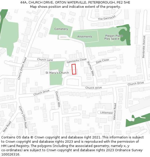 44A, CHURCH DRIVE, ORTON WATERVILLE, PETERBOROUGH, PE2 5HE: Location map and indicative extent of plot