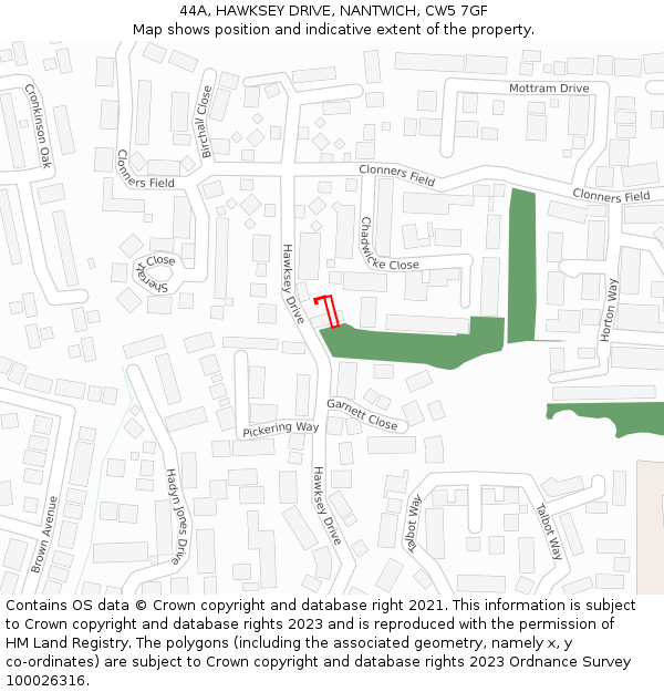 44A, HAWKSEY DRIVE, NANTWICH, CW5 7GF: Location map and indicative extent of plot