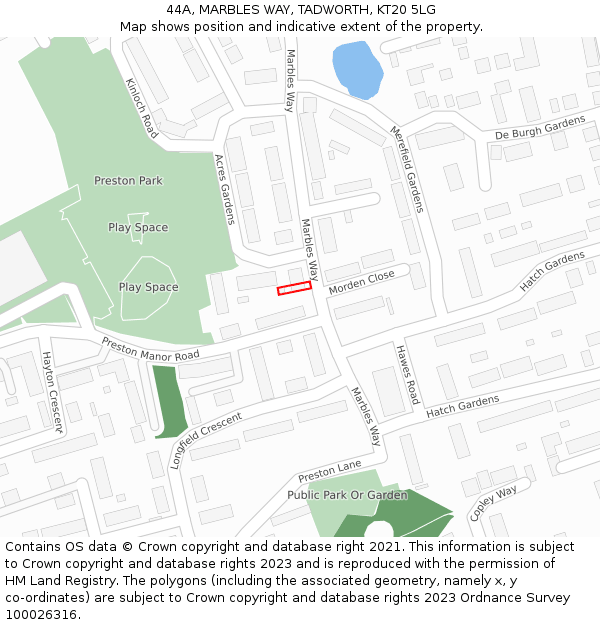 44A, MARBLES WAY, TADWORTH, KT20 5LG: Location map and indicative extent of plot