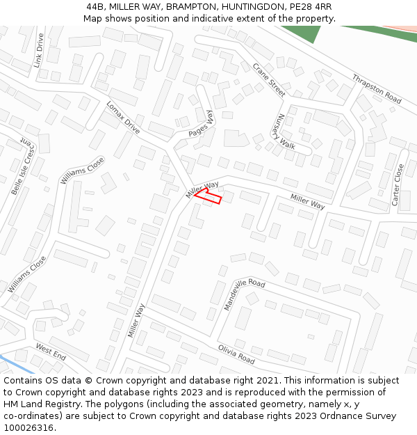 44B, MILLER WAY, BRAMPTON, HUNTINGDON, PE28 4RR: Location map and indicative extent of plot