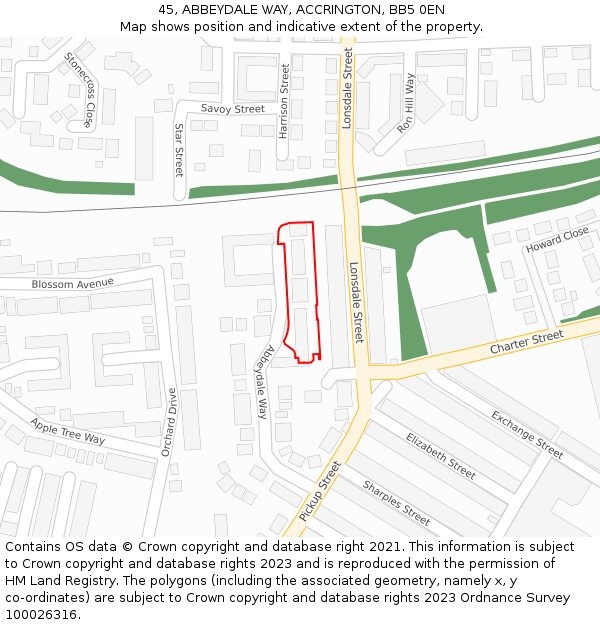 45, ABBEYDALE WAY, ACCRINGTON, BB5 0EN: Location map and indicative extent of plot