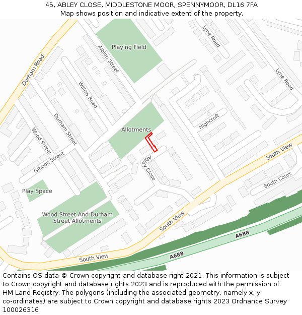 45, ABLEY CLOSE, MIDDLESTONE MOOR, SPENNYMOOR, DL16 7FA: Location map and indicative extent of plot