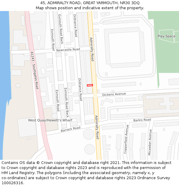 45, ADMIRALTY ROAD, GREAT YARMOUTH, NR30 3DQ: Location map and indicative extent of plot