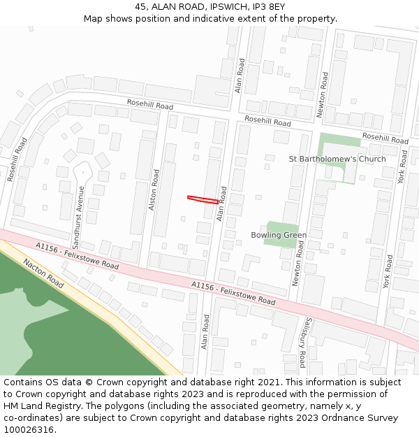 45, ALAN ROAD, IPSWICH, IP3 8EY: Location map and indicative extent of plot