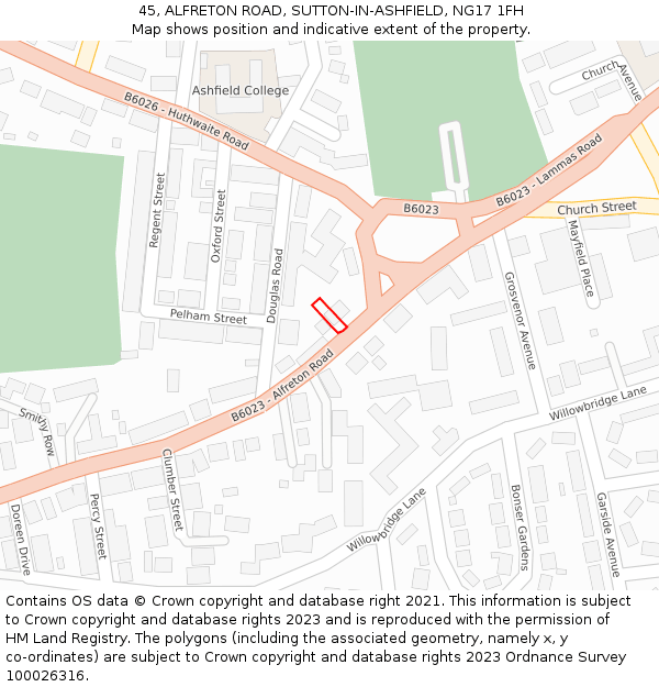 45, ALFRETON ROAD, SUTTON-IN-ASHFIELD, NG17 1FH: Location map and indicative extent of plot
