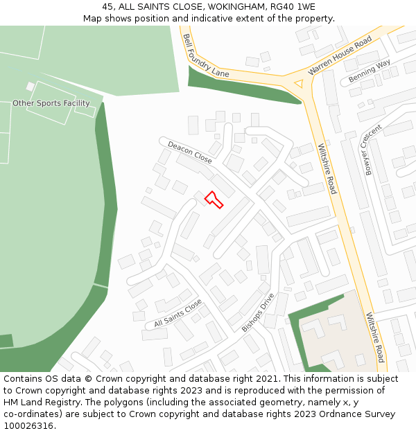 45, ALL SAINTS CLOSE, WOKINGHAM, RG40 1WE: Location map and indicative extent of plot