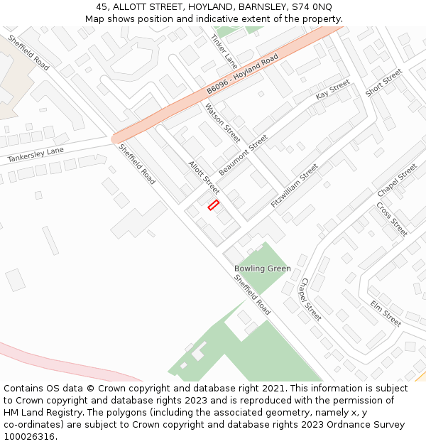 45, ALLOTT STREET, HOYLAND, BARNSLEY, S74 0NQ: Location map and indicative extent of plot