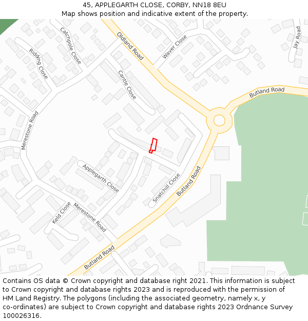 45, APPLEGARTH CLOSE, CORBY, NN18 8EU: Location map and indicative extent of plot