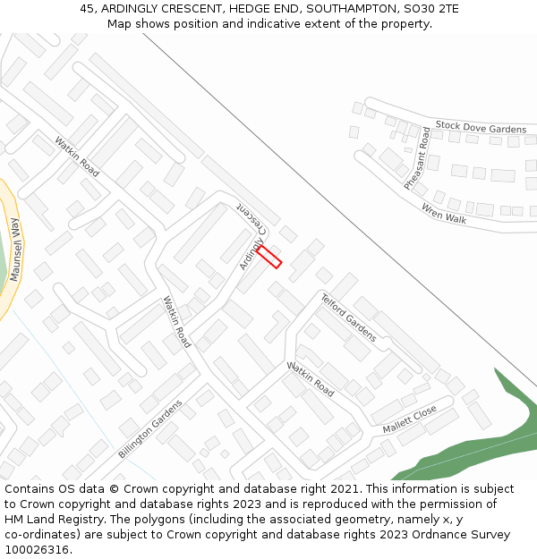 45, ARDINGLY CRESCENT, HEDGE END, SOUTHAMPTON, SO30 2TE: Location map and indicative extent of plot