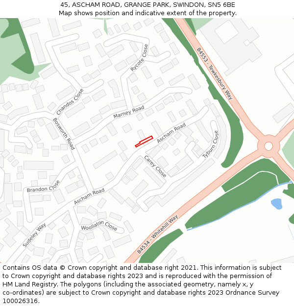 45, ASCHAM ROAD, GRANGE PARK, SWINDON, SN5 6BE: Location map and indicative extent of plot