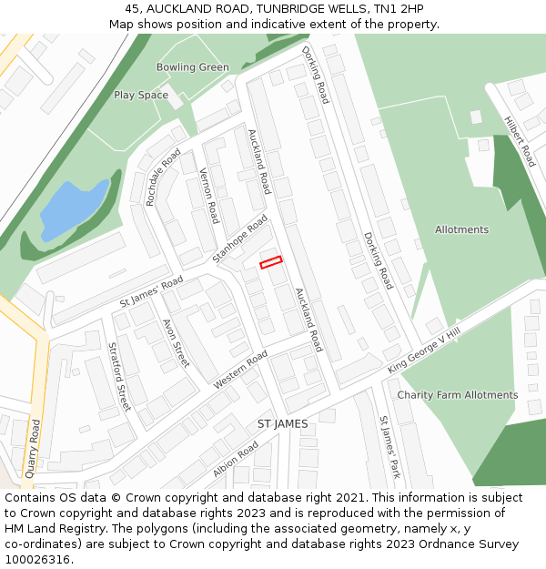 45, AUCKLAND ROAD, TUNBRIDGE WELLS, TN1 2HP: Location map and indicative extent of plot