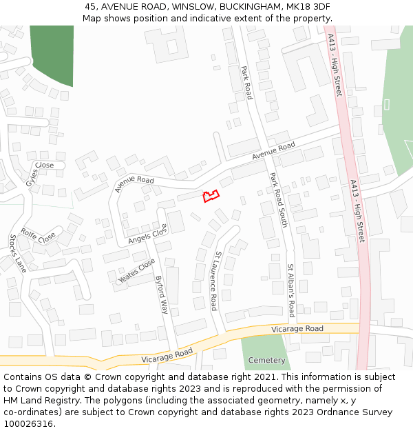 45, AVENUE ROAD, WINSLOW, BUCKINGHAM, MK18 3DF: Location map and indicative extent of plot