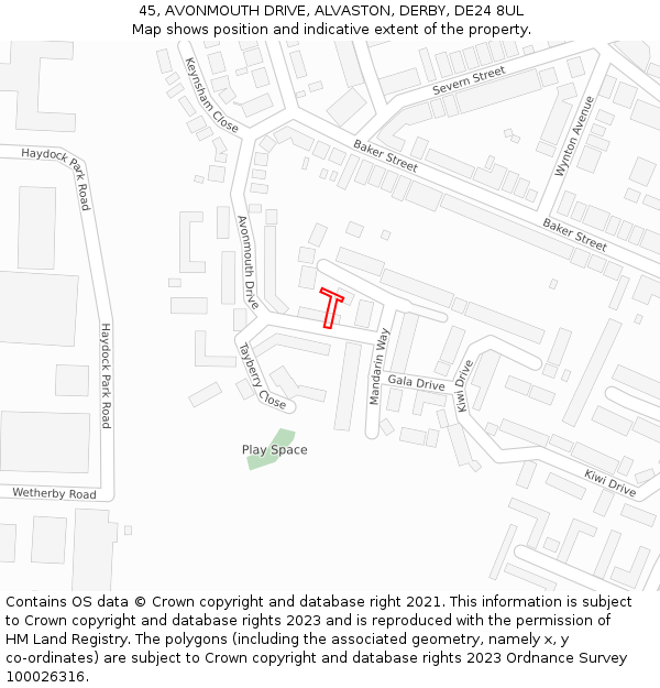 45, AVONMOUTH DRIVE, ALVASTON, DERBY, DE24 8UL: Location map and indicative extent of plot