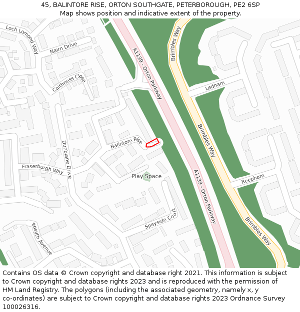 45, BALINTORE RISE, ORTON SOUTHGATE, PETERBOROUGH, PE2 6SP: Location map and indicative extent of plot
