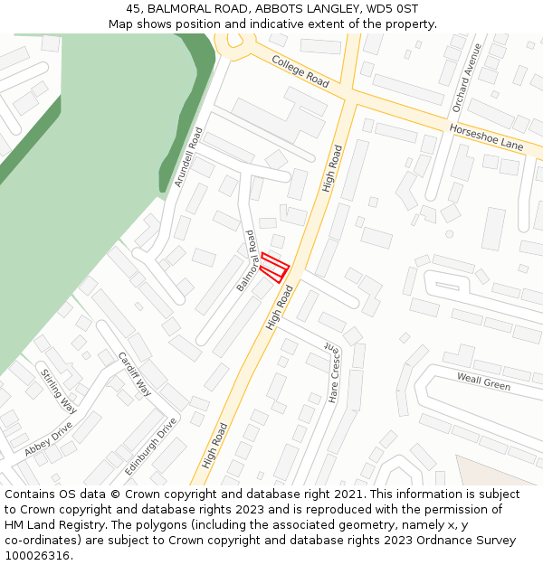 45, BALMORAL ROAD, ABBOTS LANGLEY, WD5 0ST: Location map and indicative extent of plot