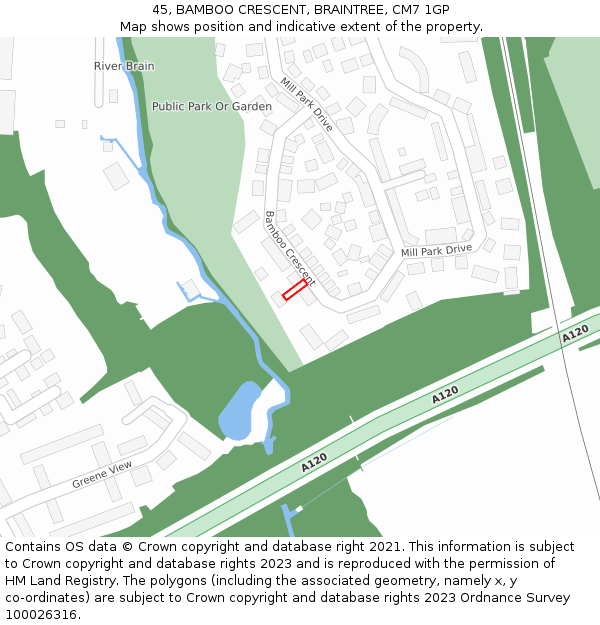 45, BAMBOO CRESCENT, BRAINTREE, CM7 1GP: Location map and indicative extent of plot