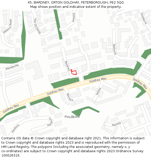 45, BARDNEY, ORTON GOLDHAY, PETERBOROUGH, PE2 5QG: Location map and indicative extent of plot