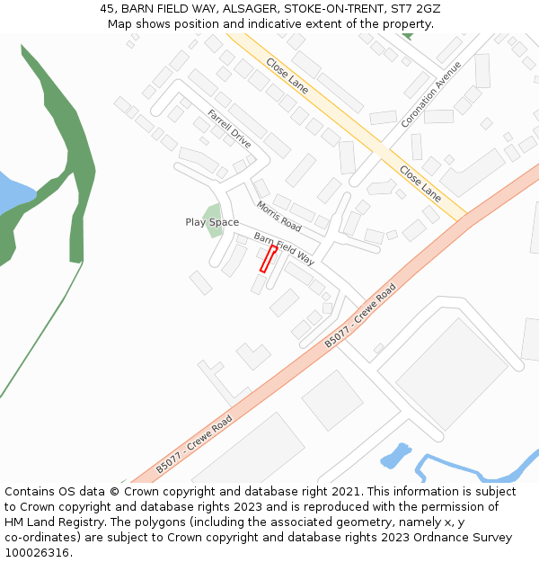 45, BARN FIELD WAY, ALSAGER, STOKE-ON-TRENT, ST7 2GZ: Location map and indicative extent of plot