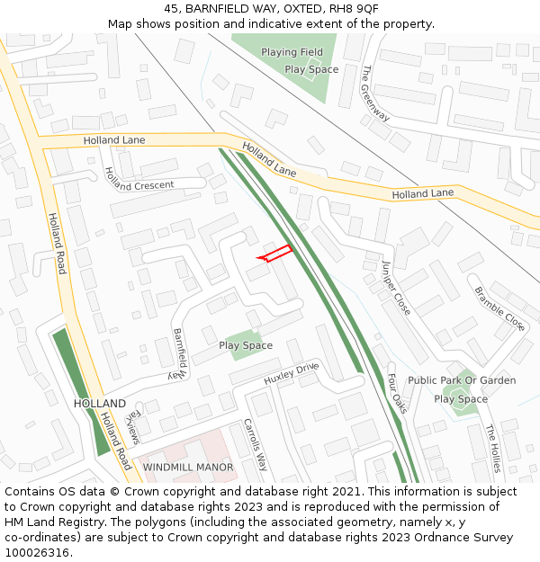 45, BARNFIELD WAY, OXTED, RH8 9QF: Location map and indicative extent of plot