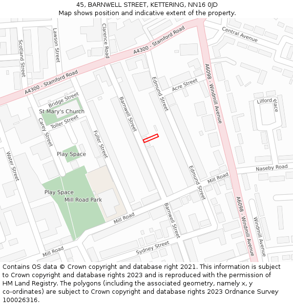 45, BARNWELL STREET, KETTERING, NN16 0JD: Location map and indicative extent of plot