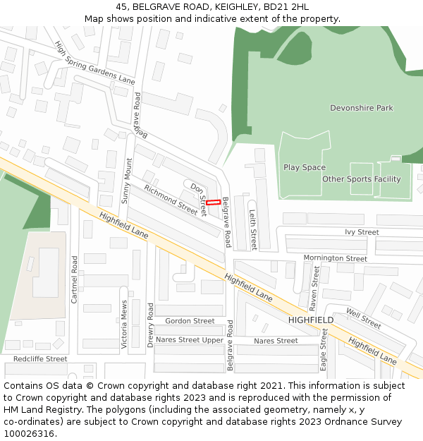 45, BELGRAVE ROAD, KEIGHLEY, BD21 2HL: Location map and indicative extent of plot